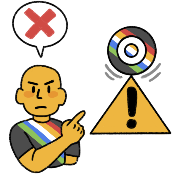 a yellow person wearing a disability flag shirt, pointing sternly at the disability sun symbol with the disability flag overlaid, teetering on the top of a yellow caution sign. The person’s speech bubble above them has a red X. 